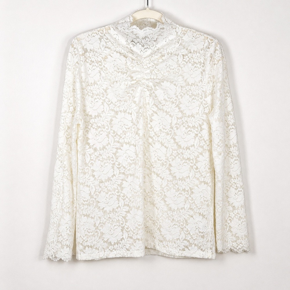 Chadwicks Sheer Lace Mock Neck Top Ivory XL Romantic Cottagecore